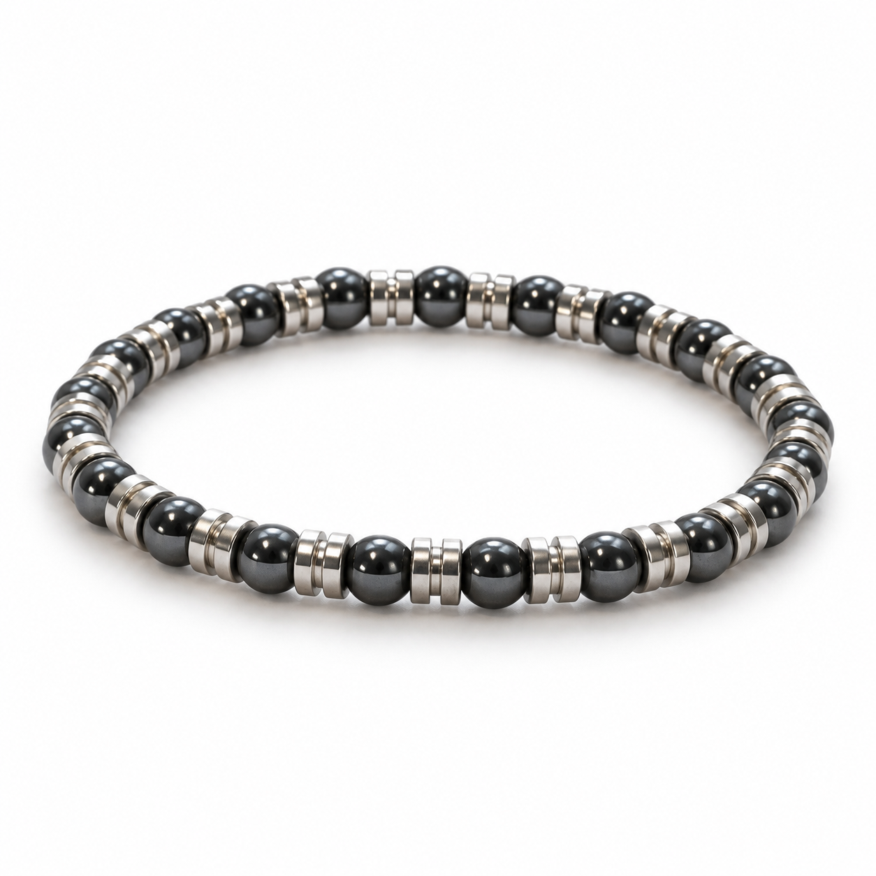 Bass Rock Stretch Bracelet, silver bass ball ends and hematite beads, on a white background
