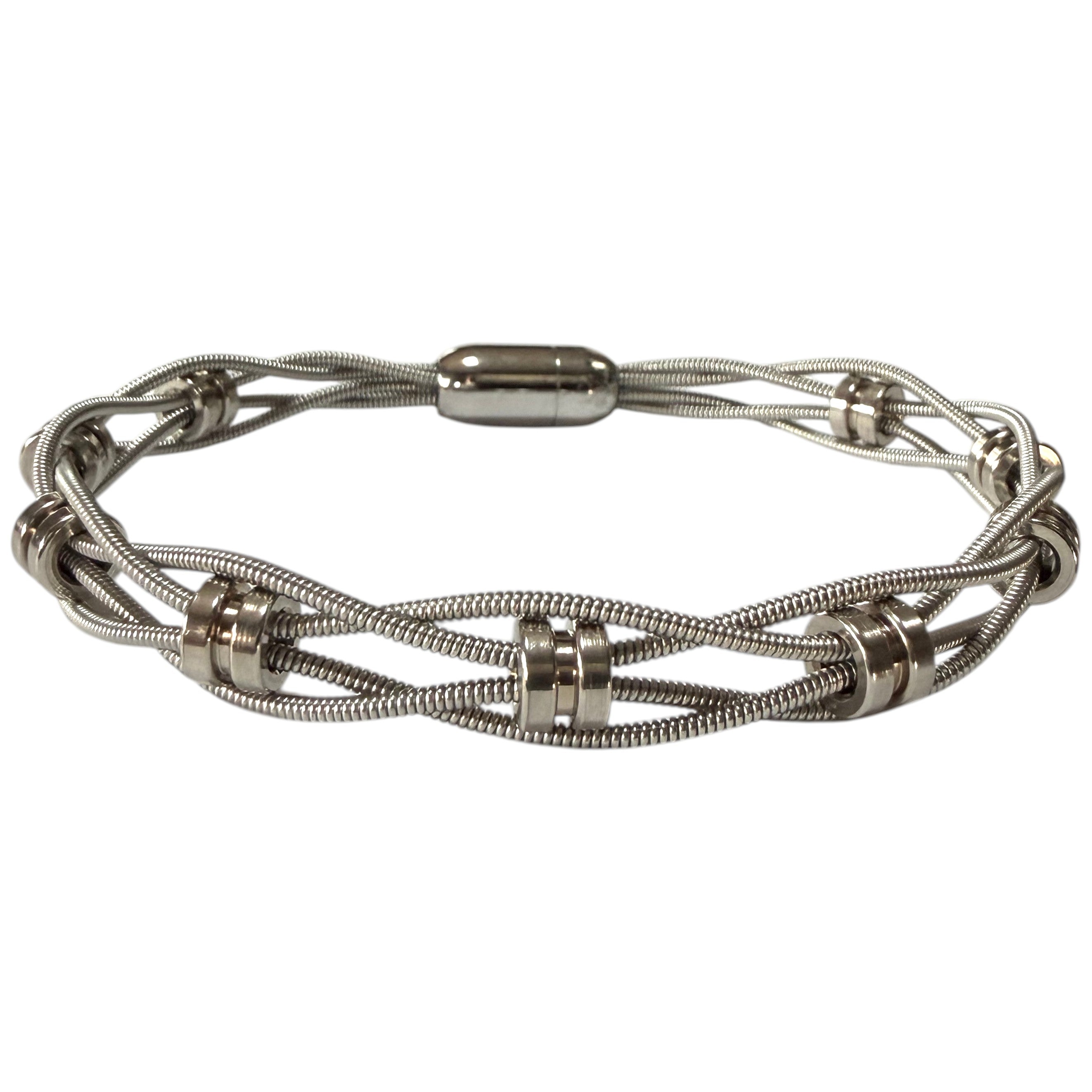 Cadence Bracelet in Silver/Silver, bass guitar string bracelet with ball end beads, on a white background