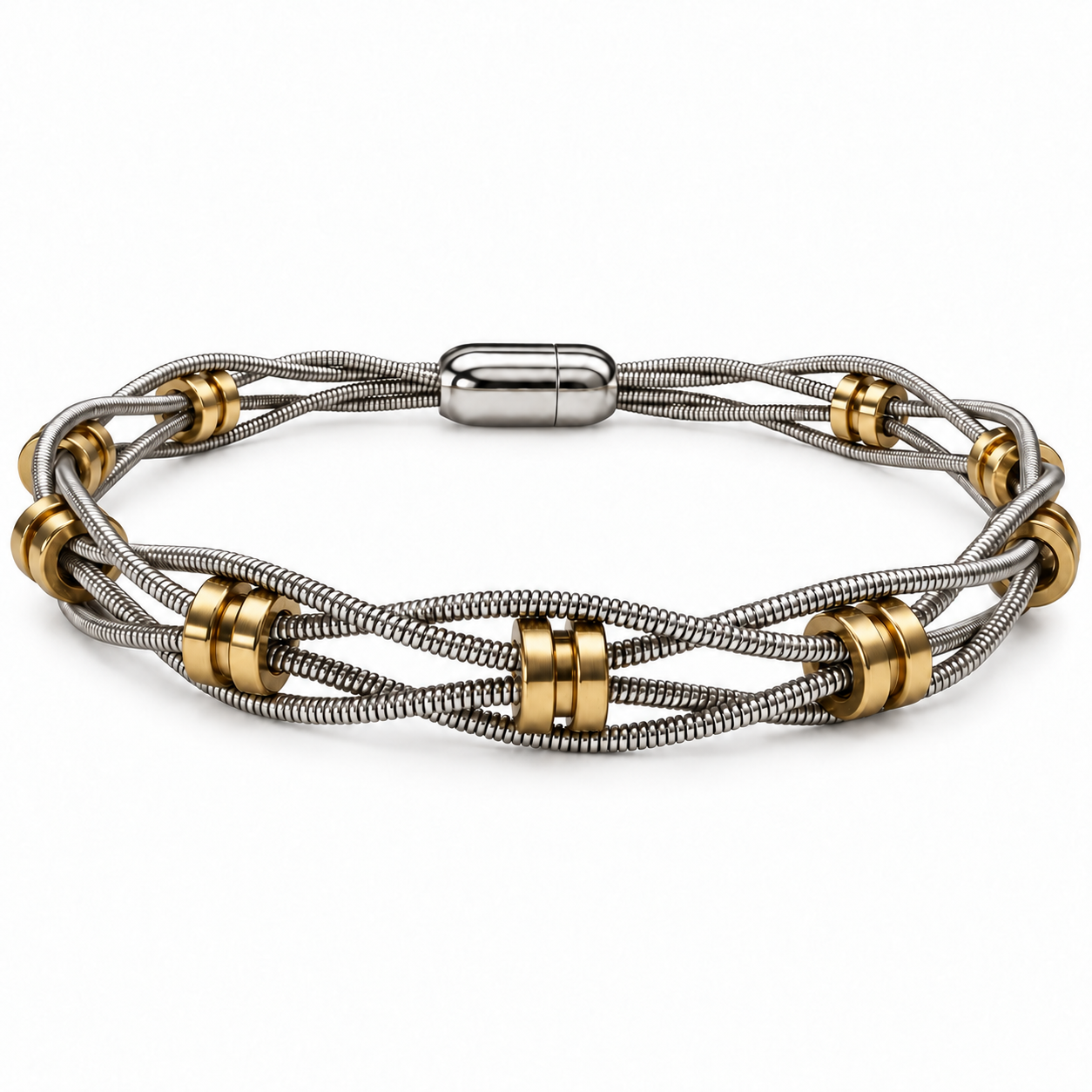 Cadence Bracelet in Silver/Brass, bass guitar string bracelet with ball end beads, on a white background
